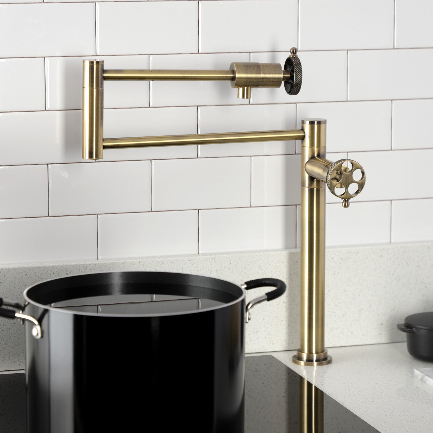 Kingston Sona KS4703RKX - Webb Two-Handle 1-Hole Deck Mount Pot Filler Faucet with Knurled Handle, Antique Brass — thumbnail 3